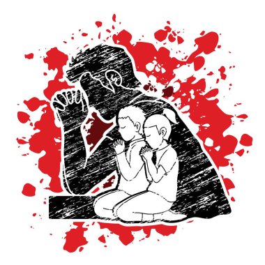 Küçük erkek ve kız dua, övgü Tanrı'ya, Double exposure grafik vektör