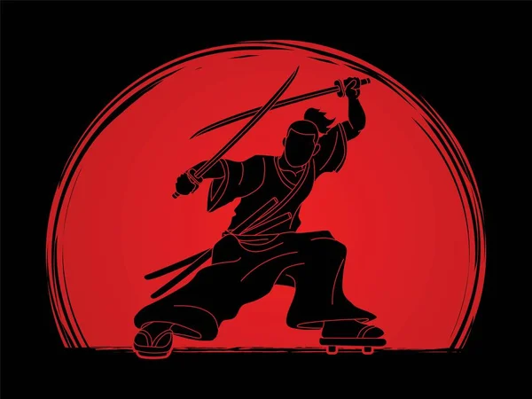 Samurai Pie Listo Para Luchar Con Espadas Vector Gráfico Dibujos — Vector de stock