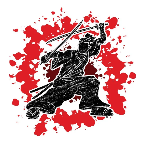 Samurai Pie Listo Para Luchar Con Espadas Vector Gráfico Dibujos — Archivo Imágenes Vectoriales