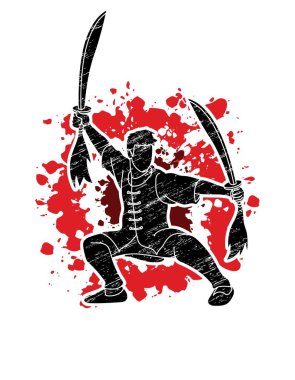 Adam kılıç eylem, Kung Fu ile poz grafik vektör.