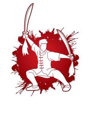 Adam kılıç eylem, Kung Fu ile poz grafik vektör.