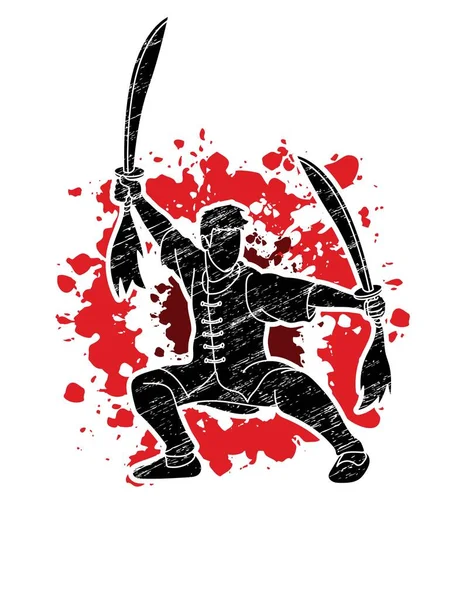 Hombre Con Espadas Acción Kung Pose Vector Gráfico — Archivo Imágenes Vectoriales