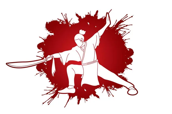 剣アクション カンフー ポーズ グラフィック ベクトルを持つ男 — ストックベクタ
