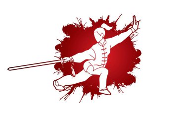 Woman with sword action, Kung Fu pose graphic vector. clipart
