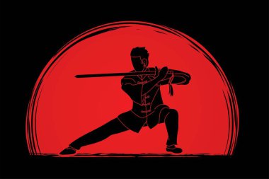 Man with sword action, Kung Fu pose graphic vector. clipart