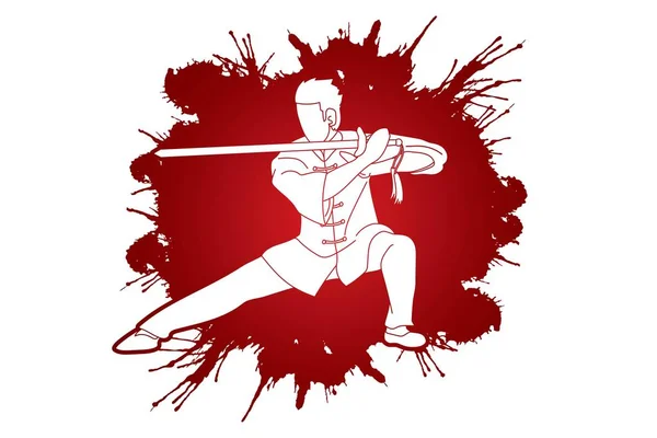 Man Sword Action Kung Pose Graphic Vector — Stock Vector