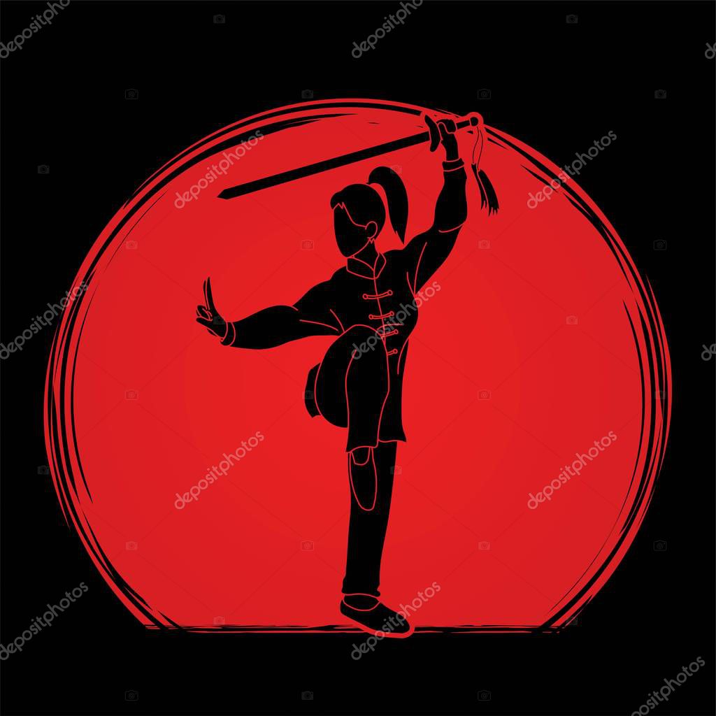 Woman with sword action, Kung Fu pose graphic vector.