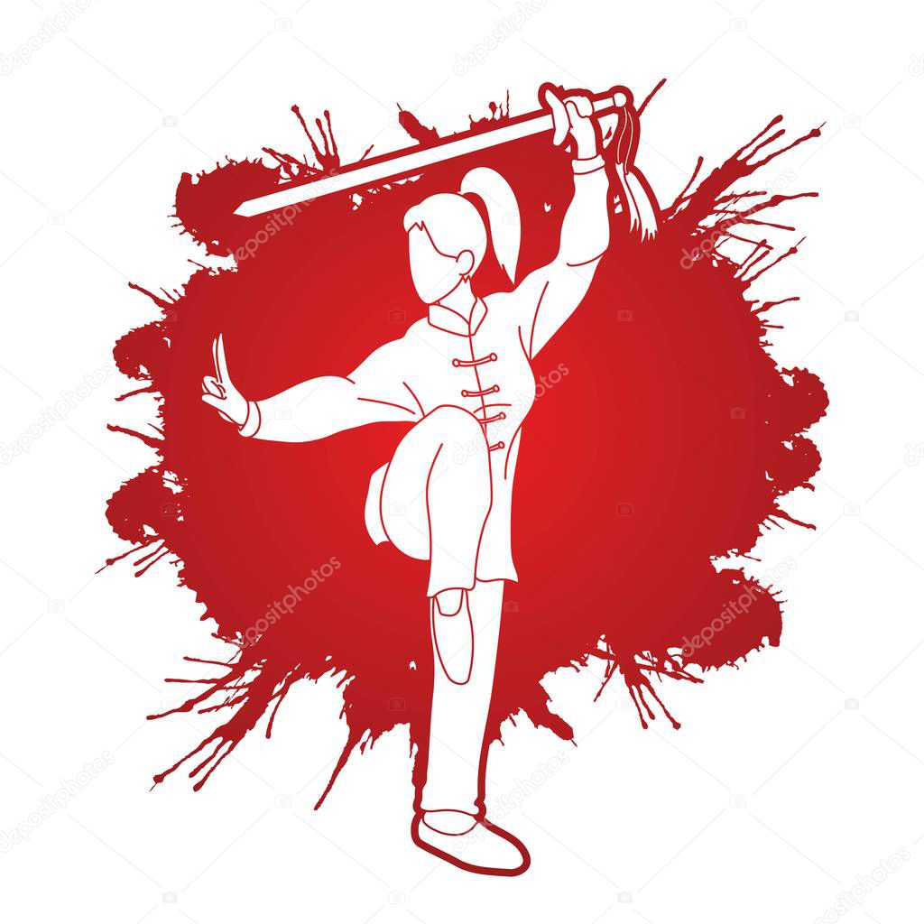 Woman with sword action, Kung Fu pose graphic vector