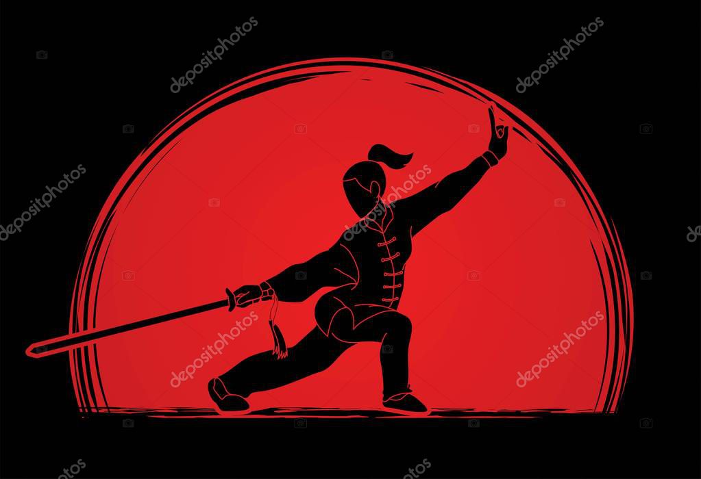 Woman with sword action, Kung Fu pose graphic vector.