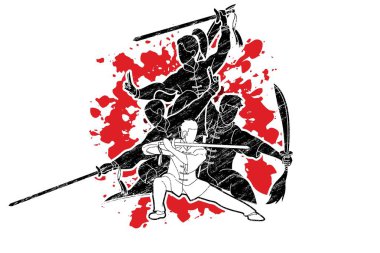 Kung Fu, Wushu ile kılıç, grup insanlar poz kung fu eylem grafik vektör mücadele.