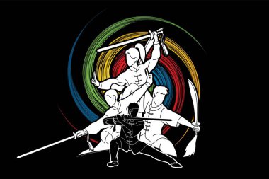 Kung Fu, Wushu with swords, Group of people pose kung fu fighting action graphic vector clipart