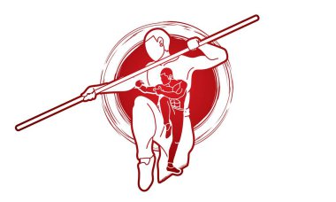 Kung Fu ile sopa eylem karikatür grafik vektör.