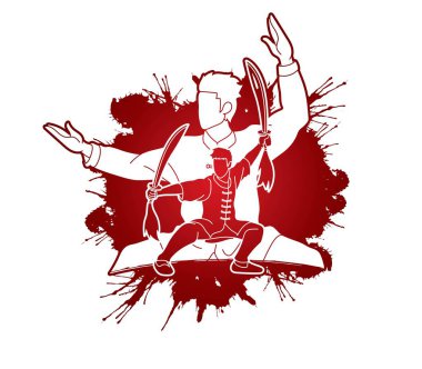 Kung Fu, Wushu kılıçlı grafik vektör poz.