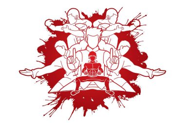 Group of people pose kung fu fighting action graphic vector. clipart