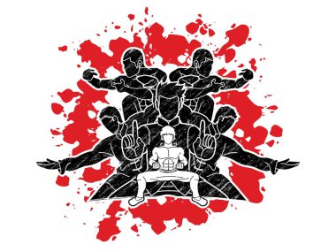 Bir grup insan poz kung fu eylem grafik vektör mücadele.