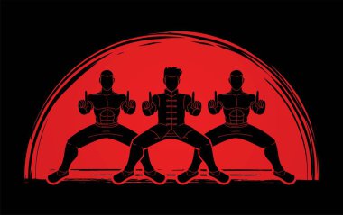 Group of people pose kung fu fighting action graphic vector clipart