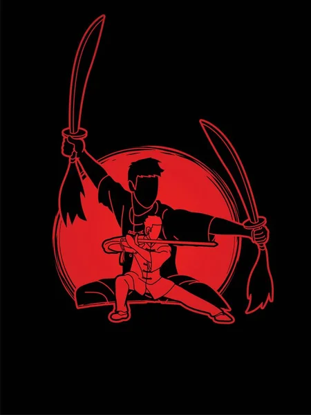 Combattant Kung Arts Martiaux Avec Des Épées Action Pose Dessin — Image vectorielle