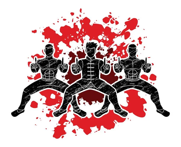 Group People Pose Kung Fighting Action Graphic Vector — Stock Vector