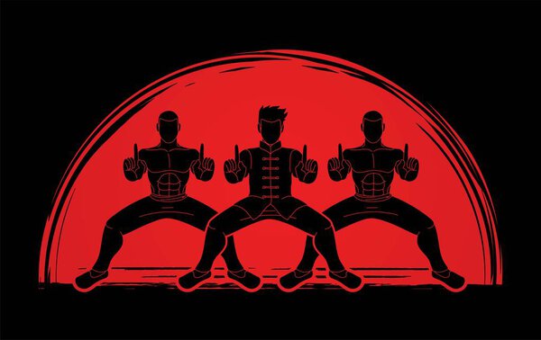 Group of people pose kung fu fighting action graphic vector