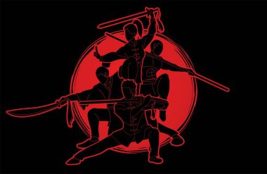 Grup insanlar Kung Fu Fighter, dövüş sanatları ile silah eylem karikatür grafik vektör.