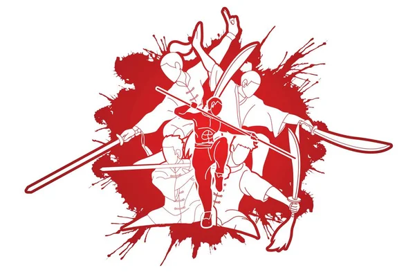 Kung Luchador Con Armas Artes Marciales Acción Pose Vector Gráfico — Vector de stock