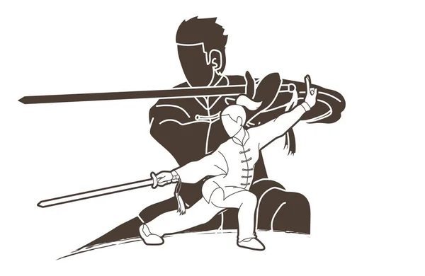 Hombre Mujer Kung Luchador Artes Marciales Con Armas Acción Vector — Archivo Imágenes Vectoriales