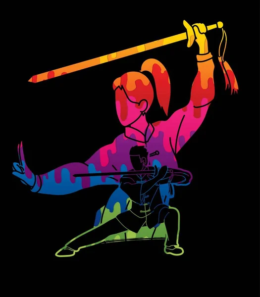Homme Femme Combattant Kung Arts Martiaux Avec Armes Action Dessin — Image vectorielle