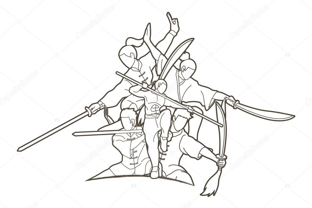Kung Fu fighter with weapons, Martial arts action pose cartoon graphic vector.