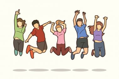 Grup çocuk atlama, Happy Feel iyi karikatür grafik vektör.