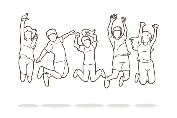 Grup Çocuk Atlama Happy Feel Iyi Karikatür Grafik Vektör — Stok Vektör