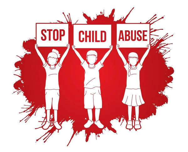 児童虐待を止める 看板グラフィックベクトルを持つ子供たち — ストックベクタ