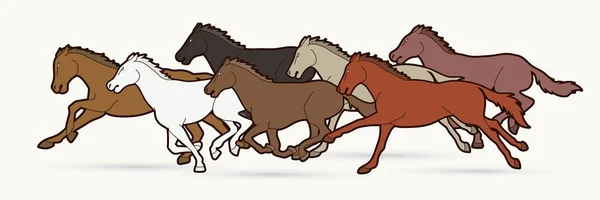 Sieben Pferde Laufen Cartoon Grafik Vektor — Stockvektor