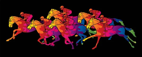 Grupo Jockeys Caballo Montar Competencia Deportiva Dibujos Animados Vector Gráfico — Archivo Imágenes Vectoriales