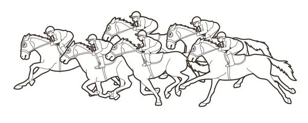 Grupo Jockeys Caballo Montar Competencia Deportiva Dibujos Animados Vector Gráfico — Archivo Imágenes Vectoriales