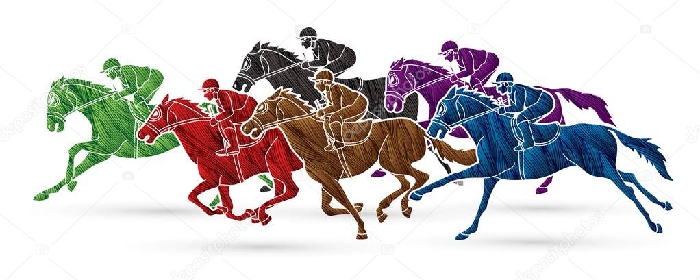 Group of Jockeys riding horse, sport competition cartoon sport graphic vector