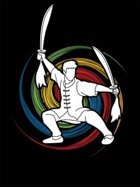 Kung Fu, Wushu with swords pose cartoon graphic vector clipart