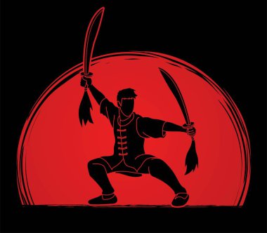 Kung Fu, Wushu with swords pose cartoon graphic vector clipart