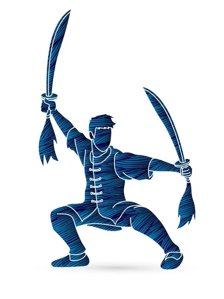 Kung Wushu Swords Pose Cartoon Graphic Vector — Stock Vector