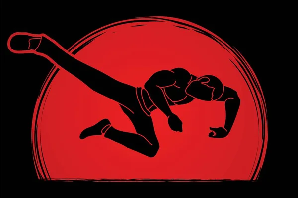 Kung Pose Kick Boxing Jumping Attack Graphic Vector — Stock Vector