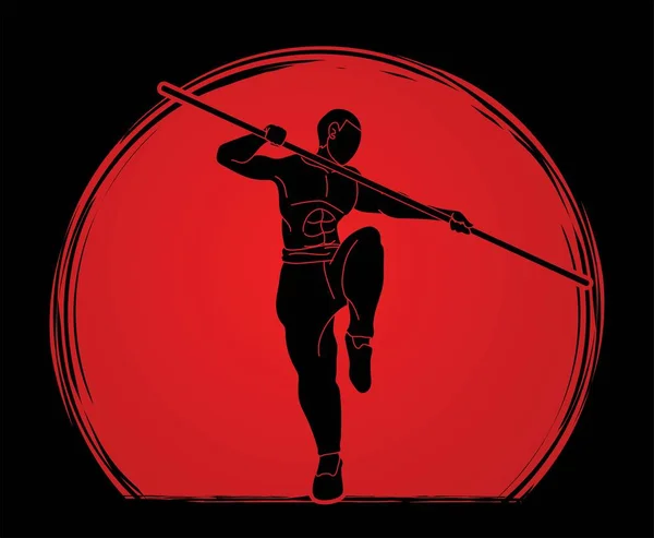 Kung Avec Quarterstaff Action Dessin Animé Vecteur Graphique — Image vectorielle