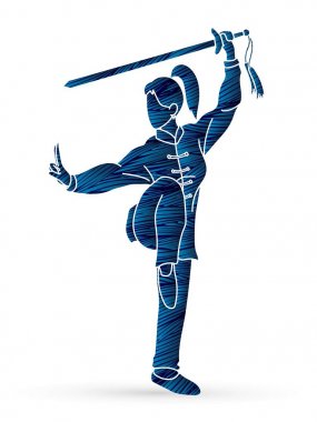 Woman with sword action, Kung Fu pose graphic vector. clipart