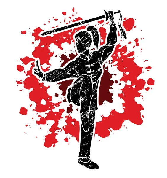 Kılıç Eylem Kadınla Kung Poz Grafik Vektör — Stok Vektör