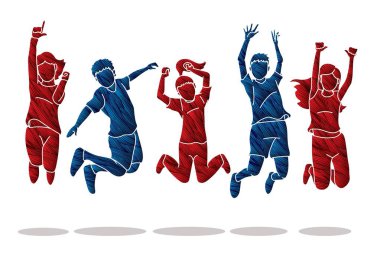 Grup çocuk atlama, Happy Feel iyi karikatür grafik vektör.
