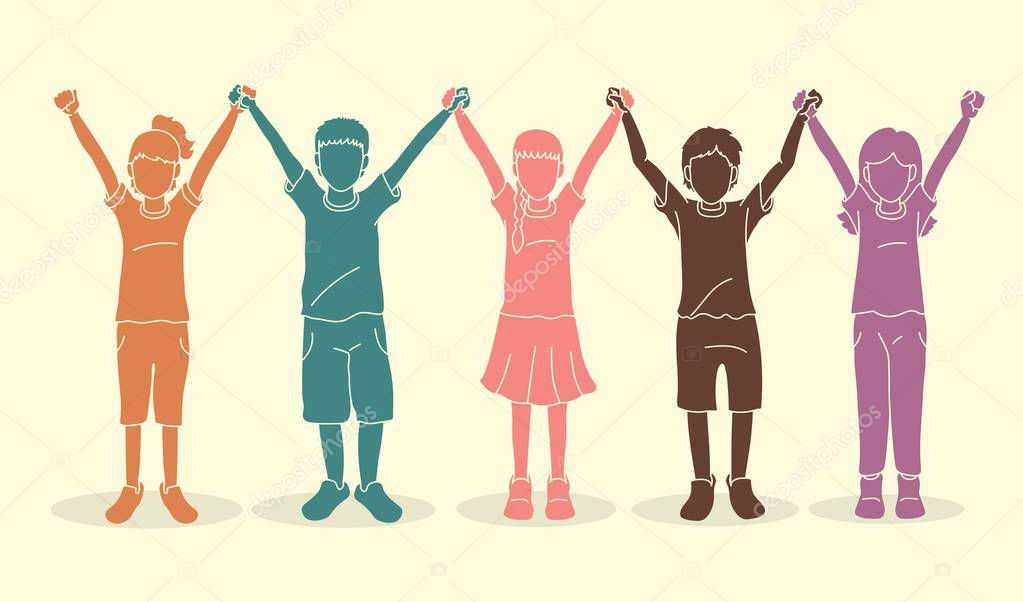Group of children holding hands cartoon graphic vector.