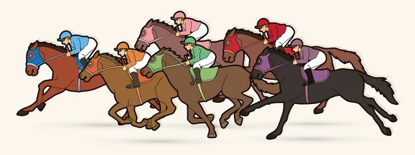 Groep Van Jockeys Paardrijden Paard Sportcompetitie Cartoon Sport Grafische Vector — Stockvector
