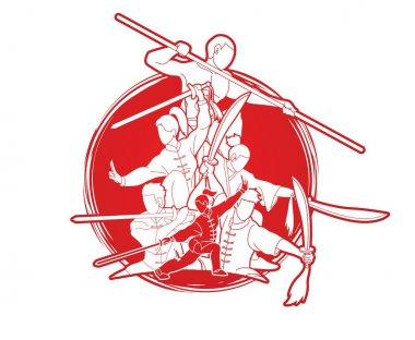 Grup insanlar Kung Fu Fighter, dövüş sanatları ile silah eylem karikatür grafik vektör.