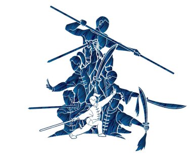 Grup insanlar Kung Fu Fighter, dövüş sanatları ile silah eylem karikatür grafik vektör.