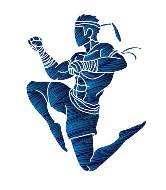 Karikatür grafik saldırmaya atlama boks Tay Muay Tay eylem, vektör 