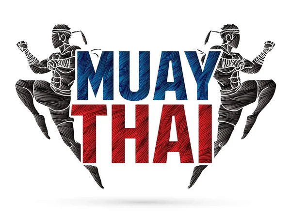 Akce Muay Thai Thajský Box Skákání Útok Pomocí Textu Kresleného — Stockový vektor
