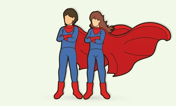 Super Held Man Vrouw Staande Samen Met Kostuum Cartoon Grafische — Stockvector